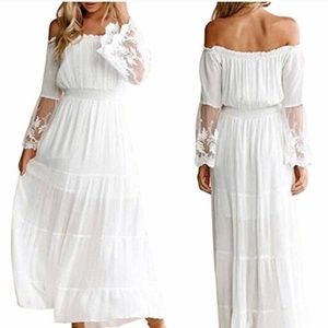 Boho White Lace and Chiffon, Off shoulder Maxi Dress